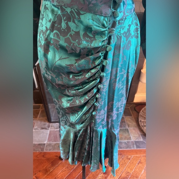 Teal Green Gray Floral Glam Dress Medium 6 8 Dolman Buttons Long Sleeve Silk - Picture 5 of 11